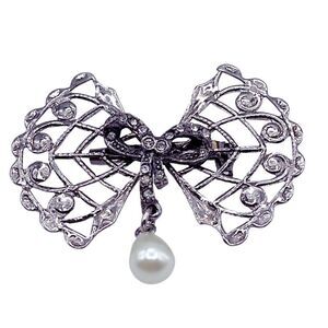 Vintage Bow & rhinestone ribbon with dangle faux pearl.